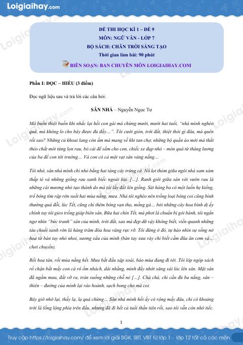 Đề thi học kì 1 Văn 7 Chân trời sáng tạo - Đề số 9
